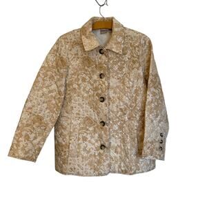 Chico's Cream Lace Print Quilted Jacket Button Up Floral Barn Coat Granny Size 2